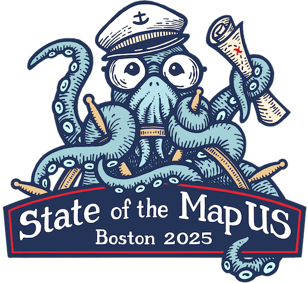 Kraken at a ship's helm wearing a captain's hat holding a map above a banner reading 'State of the Map US Boston 2025'.