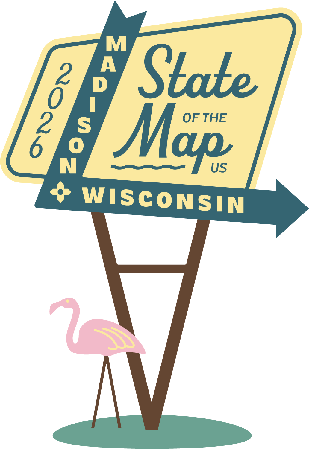 A supper club sign standing in grass that says 'State of the Map US 2026, Madison Wisconsin' with a lawn flamingo.