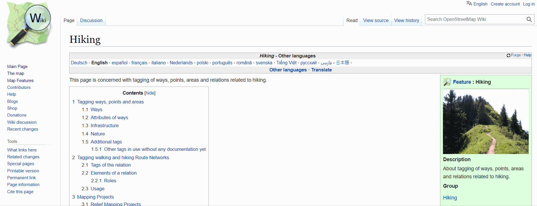 Scrolling through the OSM Wiki Page for Hiking Features