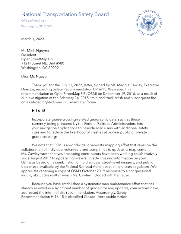 Letter from NTSB Chair Jennifer Homendy to OpenStreetMap U.S. dated March 1, 2023